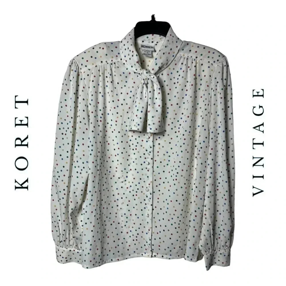 1428. VINTAGE KORET BUTTON UP BLOUSE WITH TIE/KNOT COLLAR WHITE/MULTICOLOR DONUT